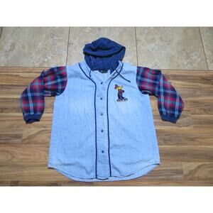 Daffy Duck Button Up shirt, Embroidered Logo, Light Blue Sz L 1990s